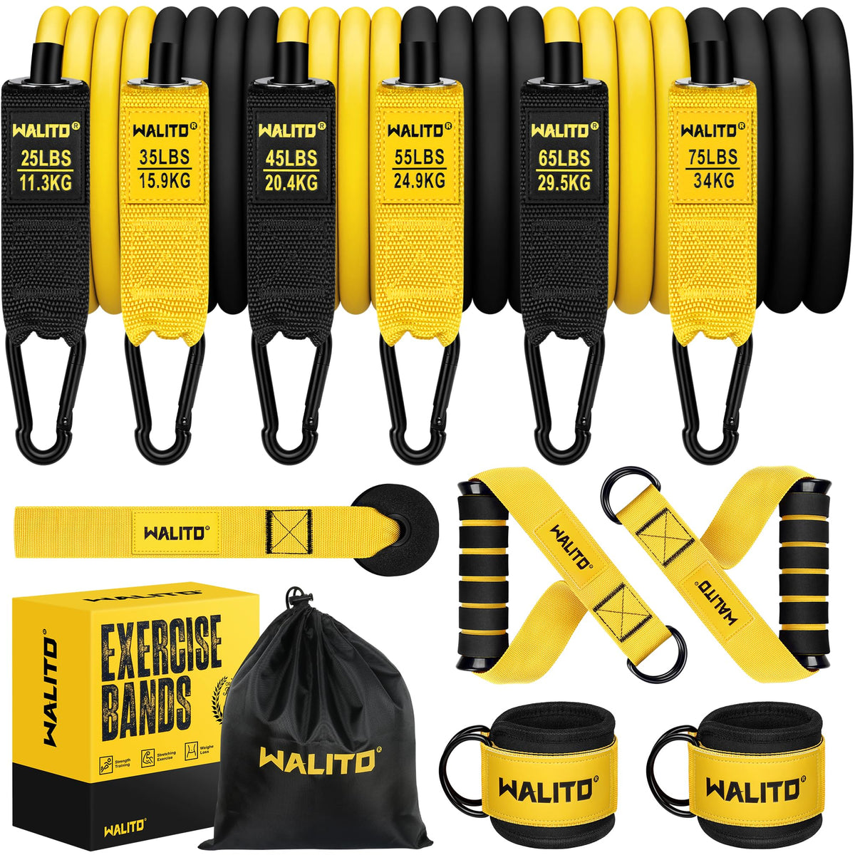 WALITO Resistance Bands Set - Exercise Bands with Handles Door Anchor Legs Ankle Straps for Heavy Resistance Training Physical Therapy Muscle Training Yoga Home Workouts